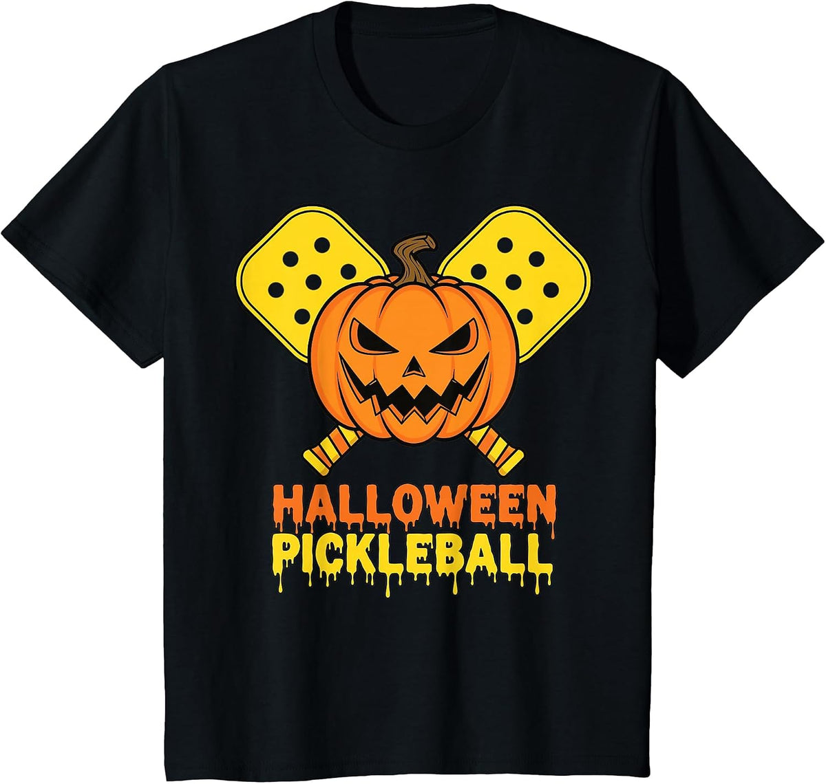 Halloween Pickleball Pumpkin Jack O Lantern Face T-Shirt - Black
