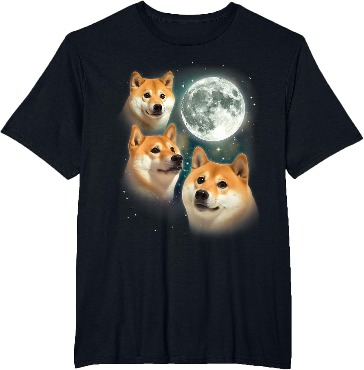 Three Shiba Inu Moon | 3 Doge Funny Cute Dog Meme Parody T-Shirt - Black