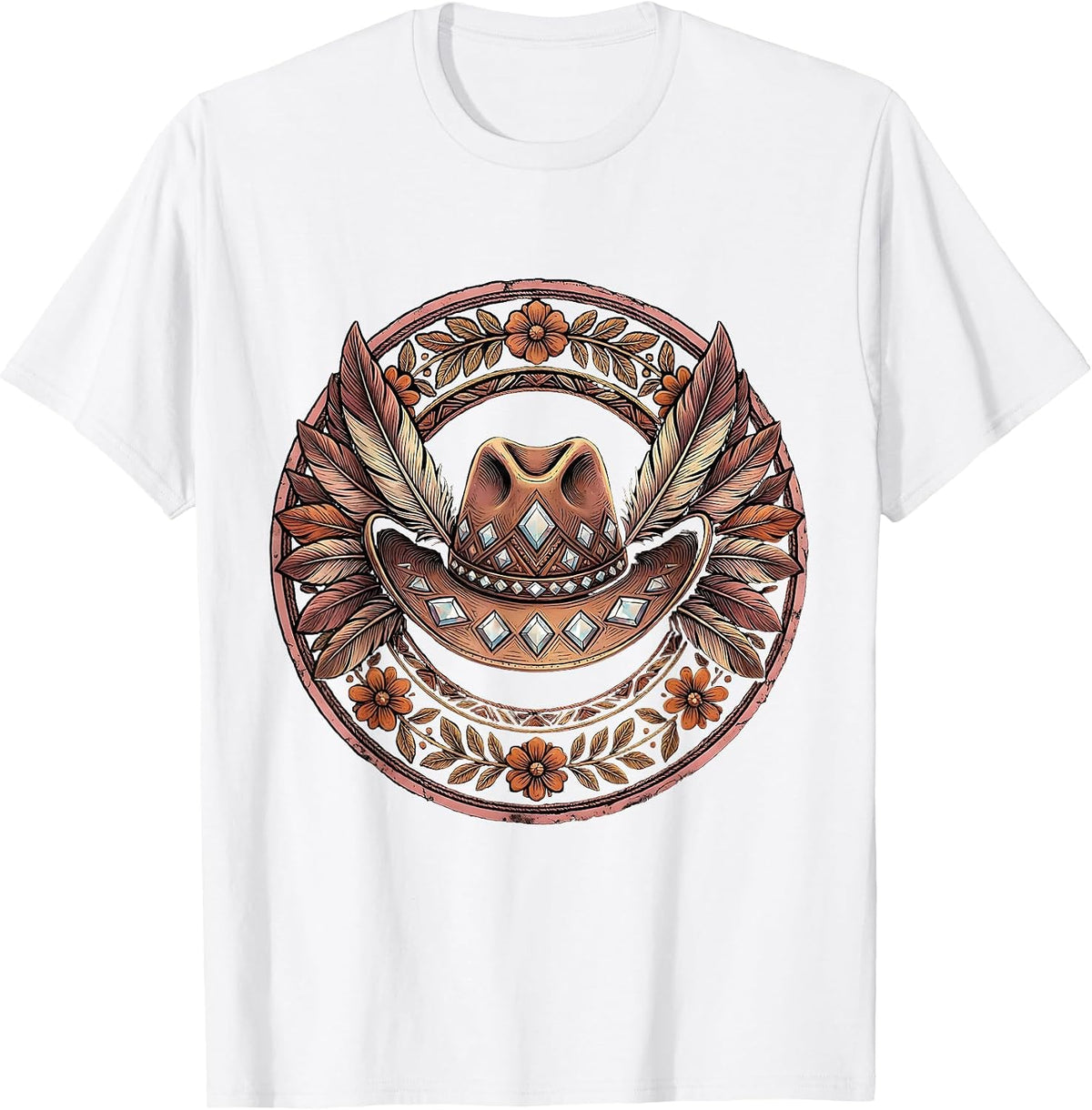 Men's Pink Cowboy Rhinestone Hat with Flamingo Feathers T-Shirt - White