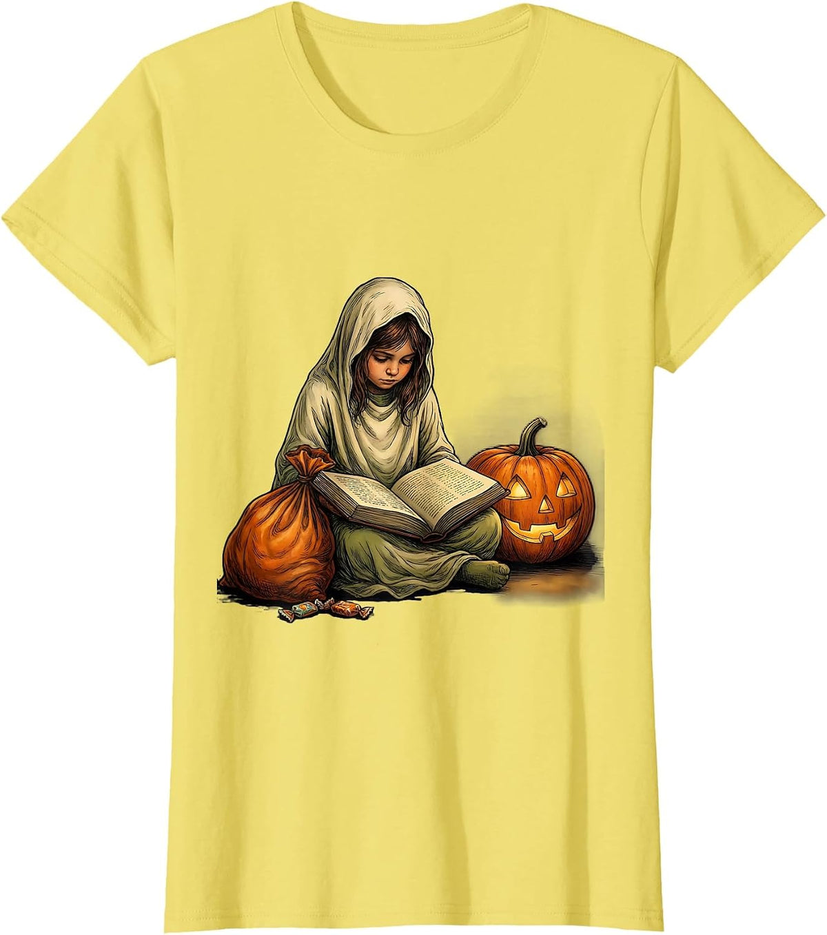 Bookworm Ghost Reading Halloween Teacher Librarian T-Shirt - Lemon Yellow