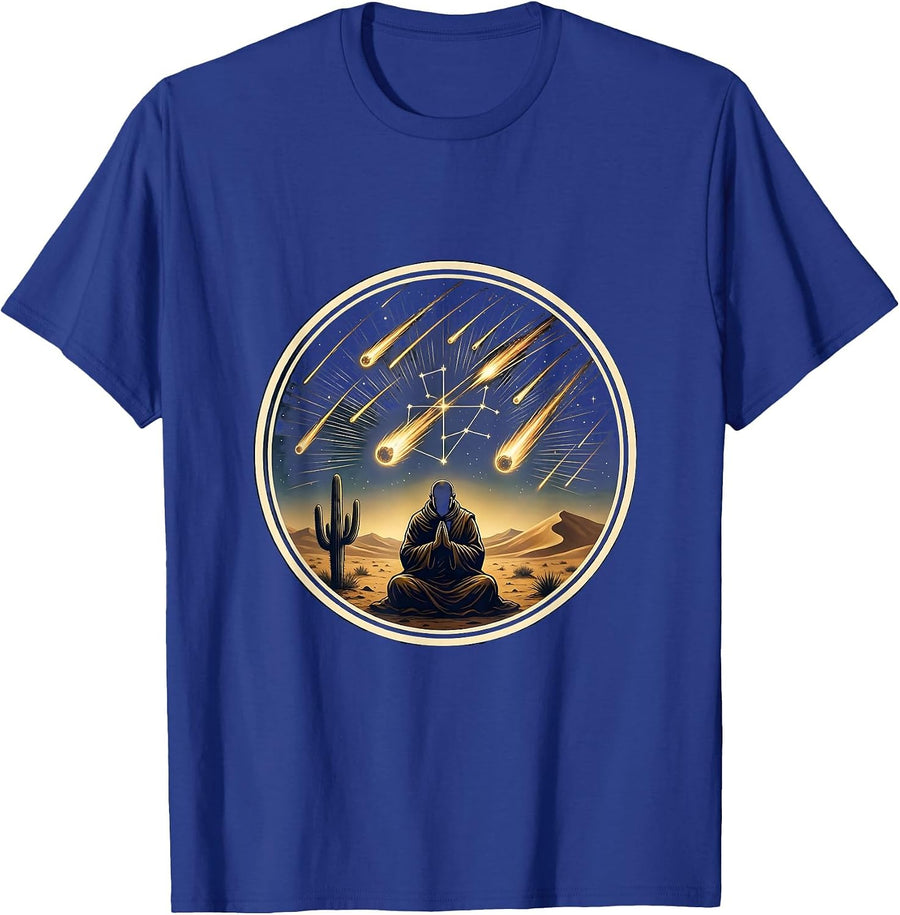 Desert Monk Meteor Shower Night Sky Illustration T-Shirt - Royal Blue