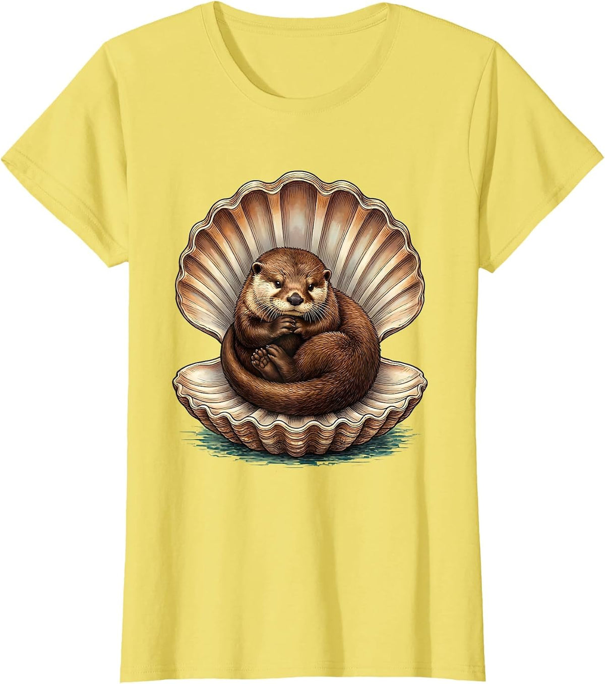 Women's Otter Curled in Giant Clamshell Illustration T-Shirt - Lemon Yellow