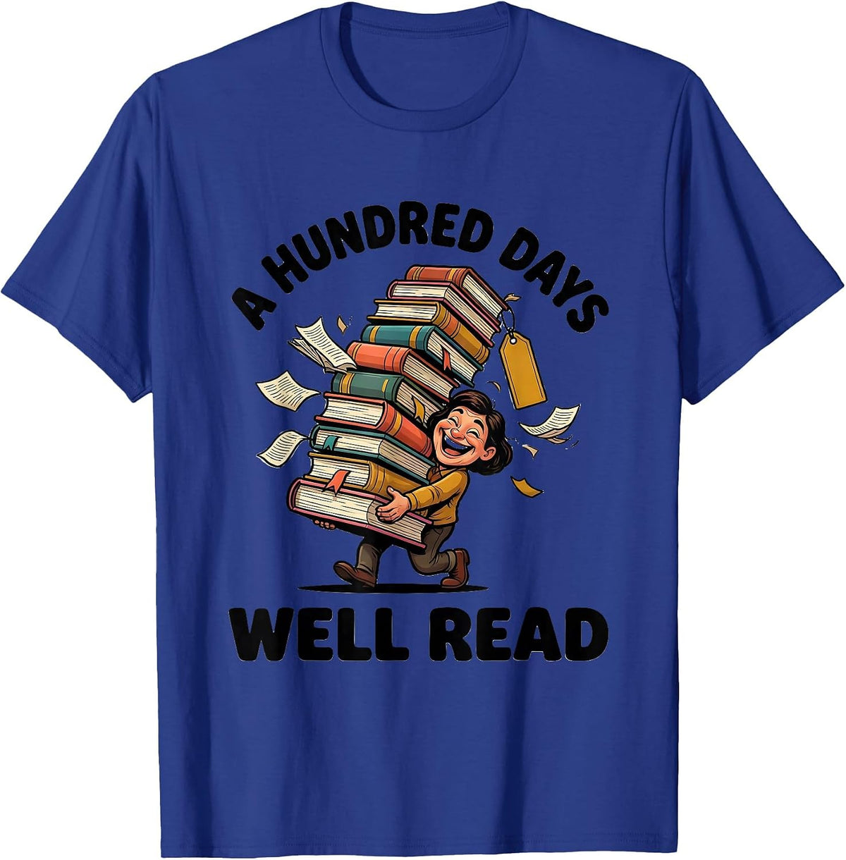Men's A Hundred Days Well Read Cartoon Reading Teacher Librarian T-Shirt - Royal Blue