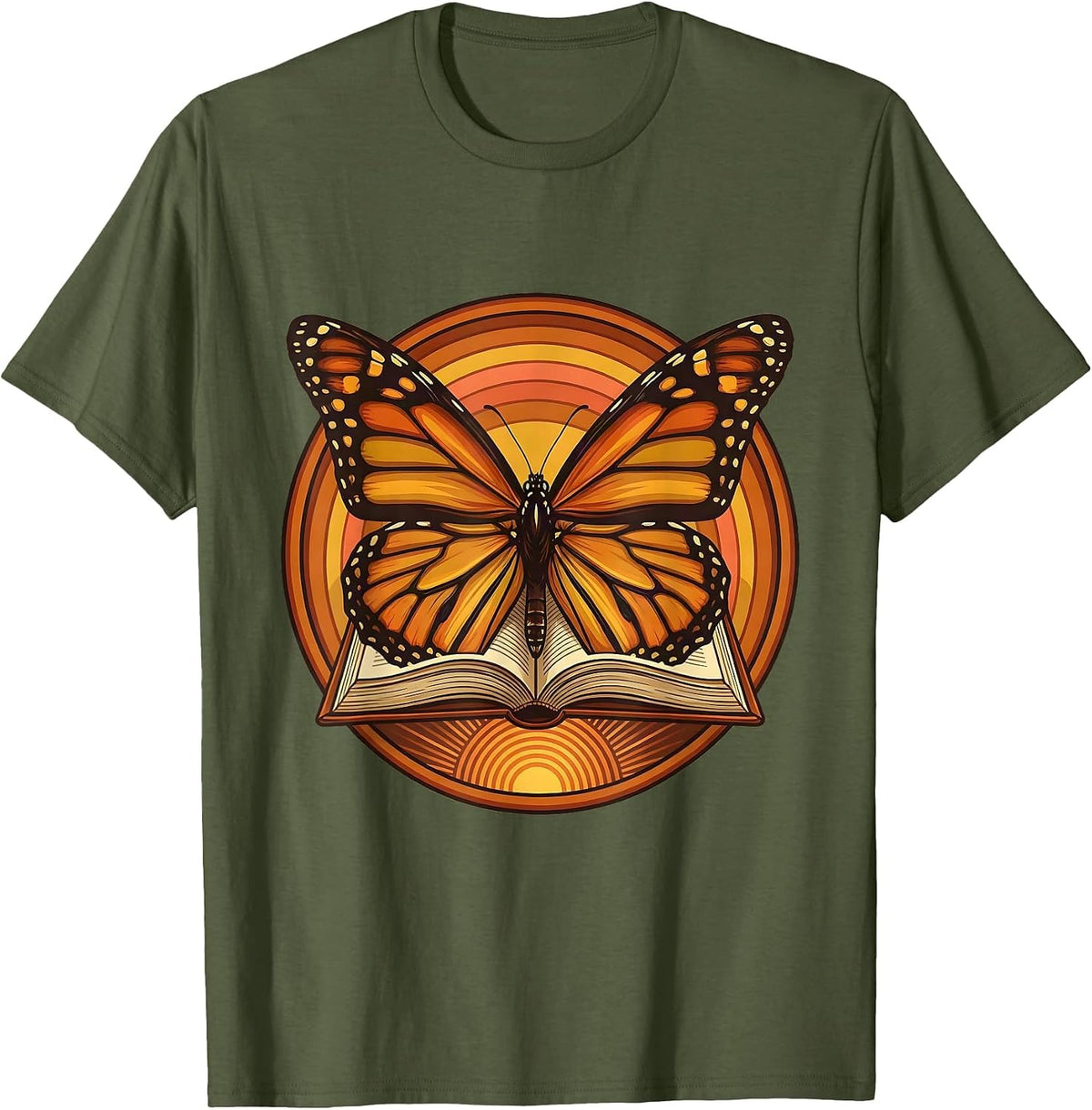 Third Grade Teacher Book Butterfly Illustration T-Shirt - Olive Green