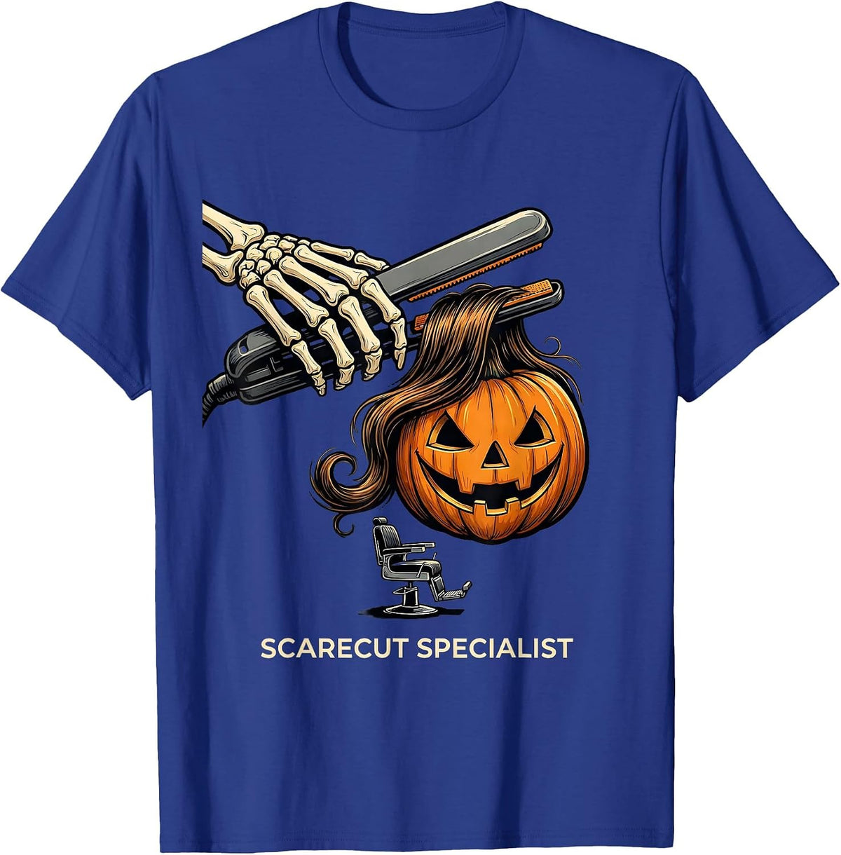 Men's Scarecut Specialist Funny Skeleton Hairstylist Halloween T-Shirt - Royal Blue