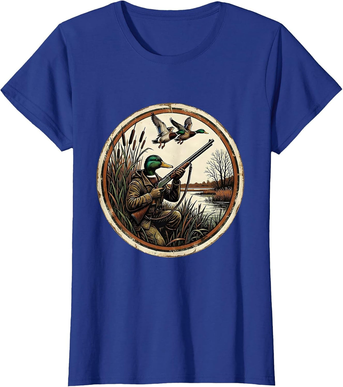 Women's Duck Hunter in Blind Shotgun Raised Hunting Art T-Shirt - Royal Blue