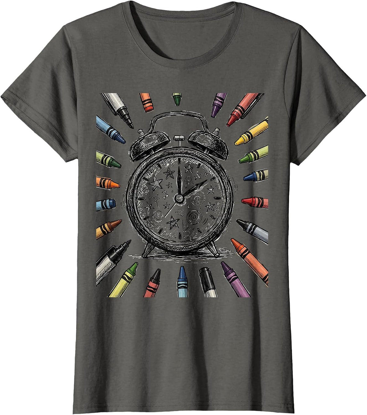 Women's Sped Teacher Alarm Clock Crayons Markers Graphic T-Shirt - Asphalt Grey