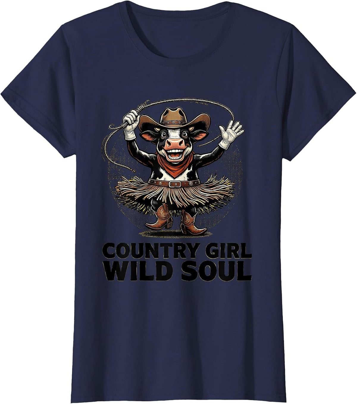 Women's Country Girl Wild Soul Cowgirl Design T-Shirt - Navy Blue