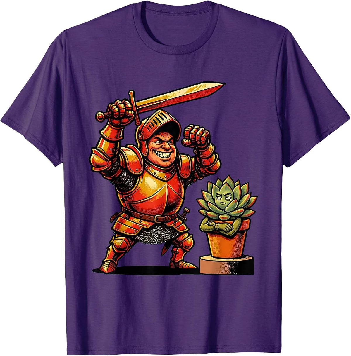 Men's Knight vs. Houseplant Sarcastic Humor Graphic T-Shirt - Purple