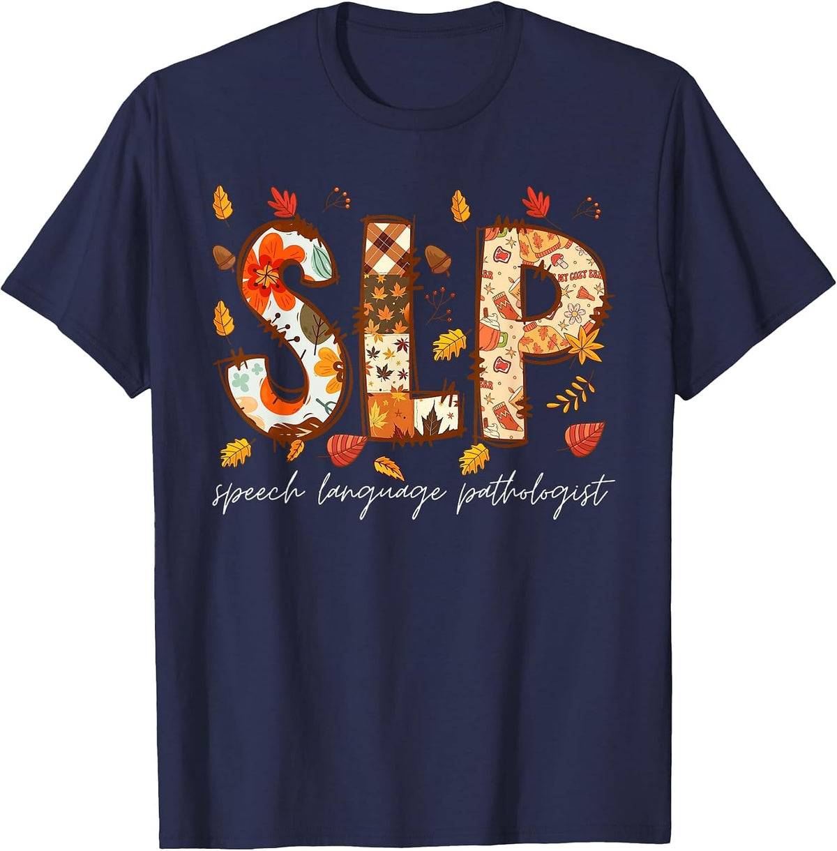 Retro SLP Pumpkin Fall Autumn Speech Therapist Tee T-Shirt - Navy Blue