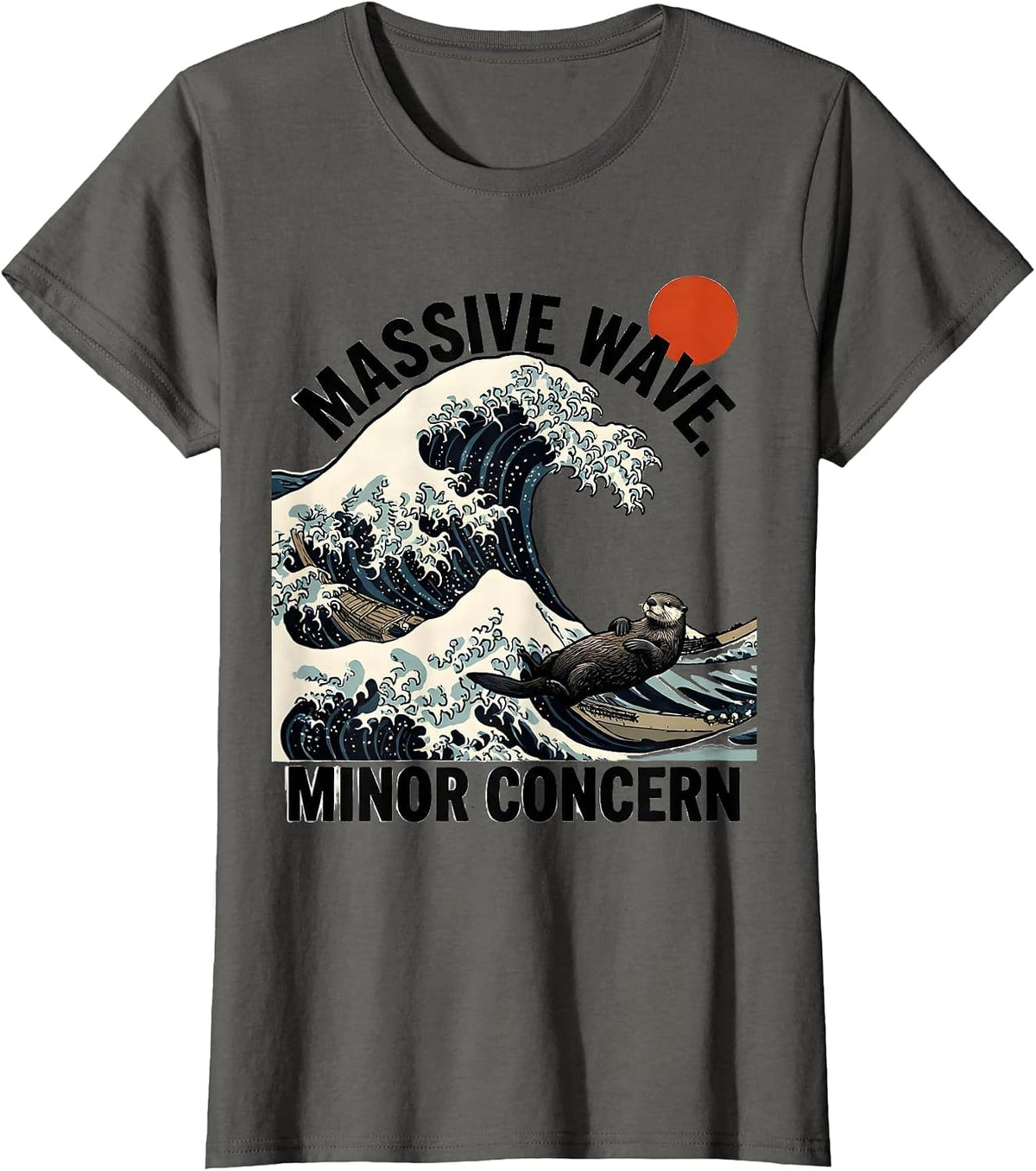 Women's Massive Wave Minor Concern Funny Sea Otter Japanese Art T-Shirt - Asphalt Grey