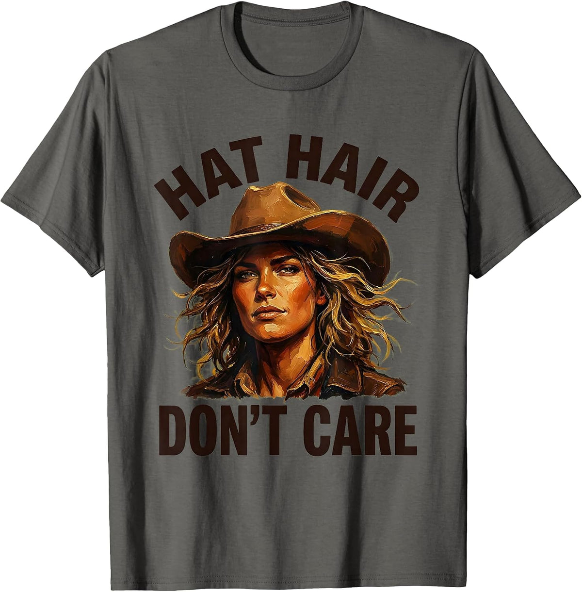 Hat Hair Don't Care Cowgirl Design T-Shirt - Asphalt Grey