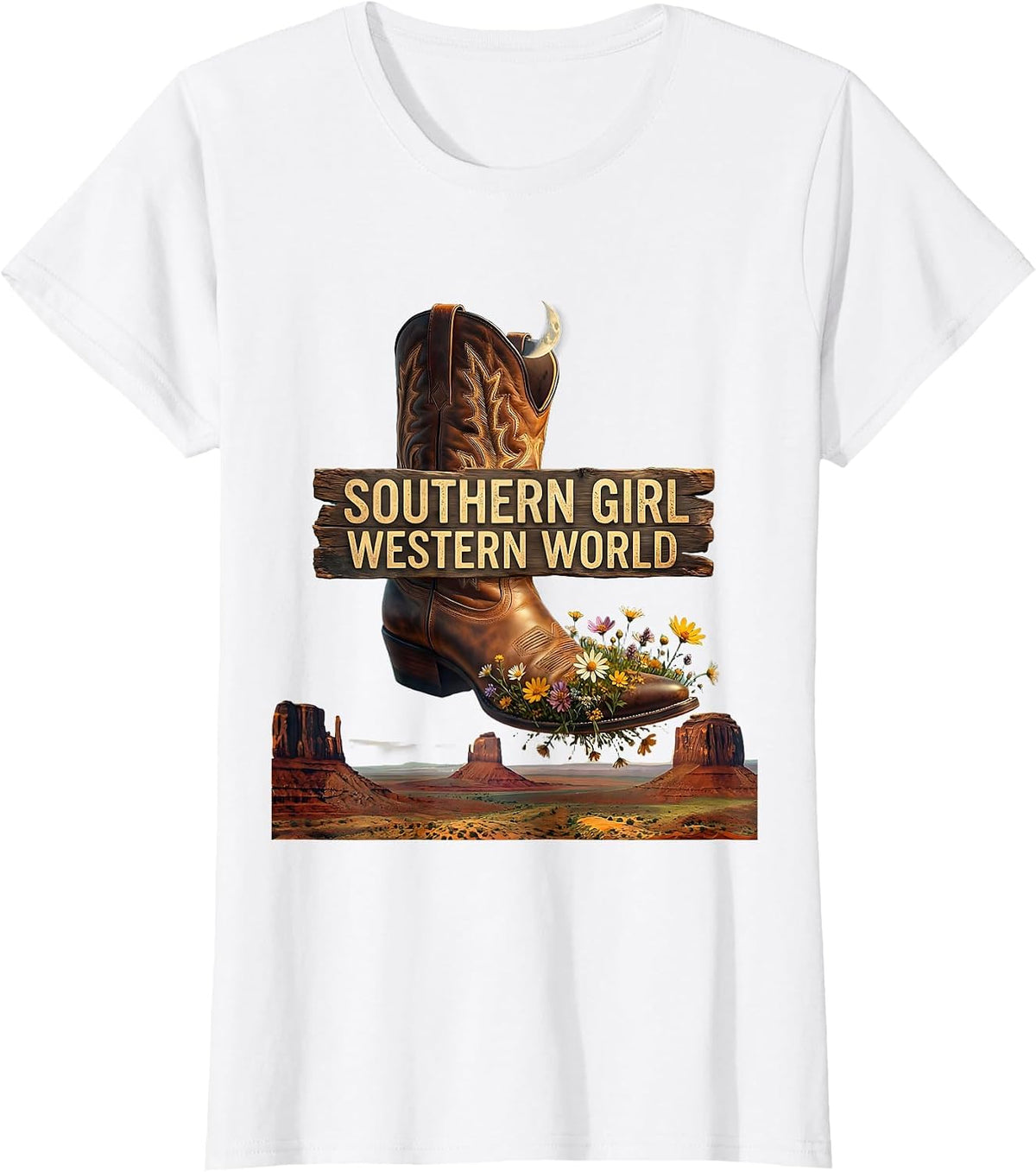 Southern Girl Western World Womens Country Design T-Shirt - White