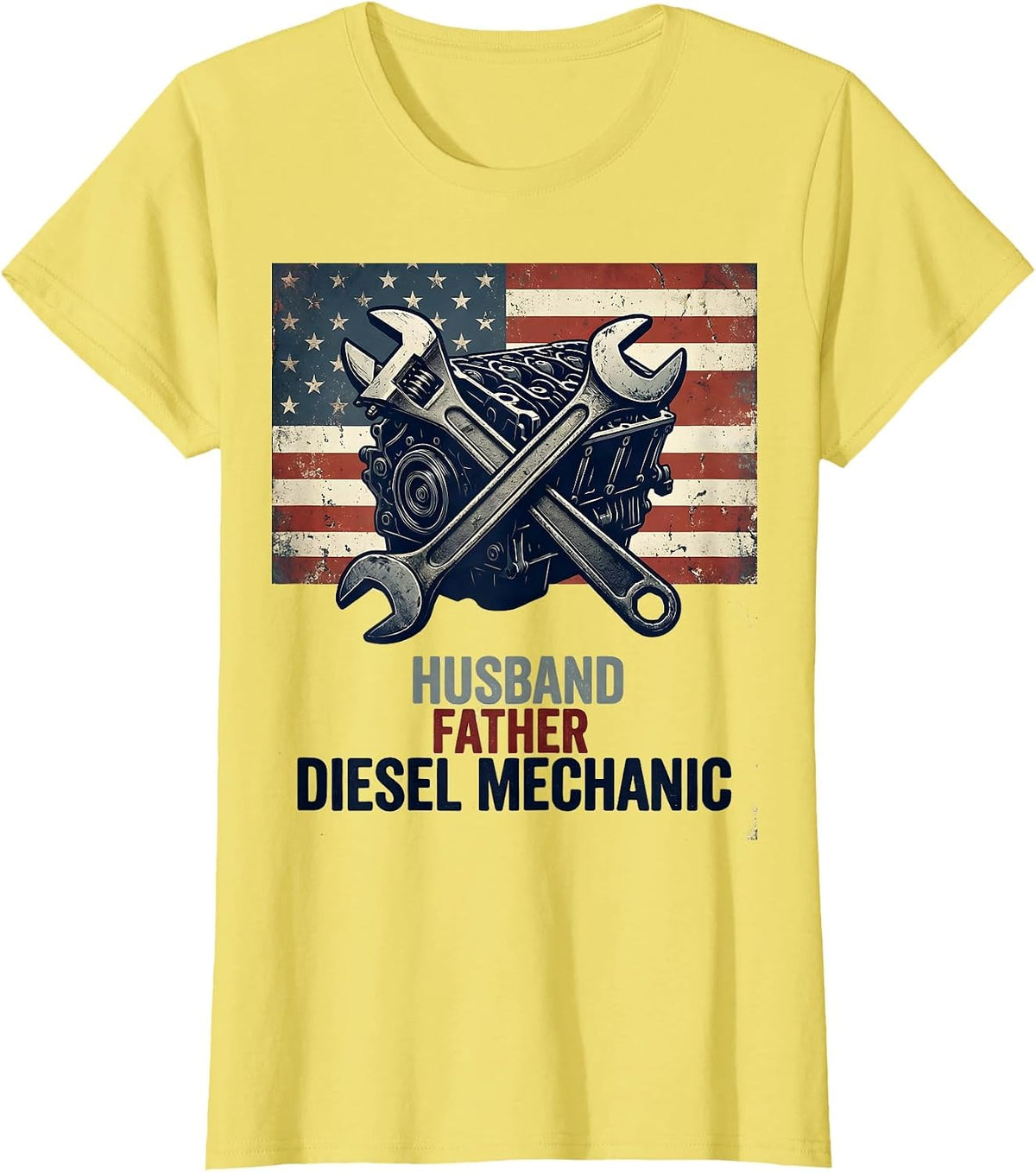 Husband Father Diesel Mechanic Patriotic American Flag T-Shirt - Lemon Yellow