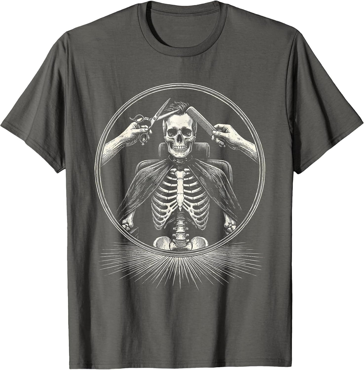 Skeleton Barber Chair Gothic Hairstylist Halloween Humor T-Shirt - Asphalt Grey