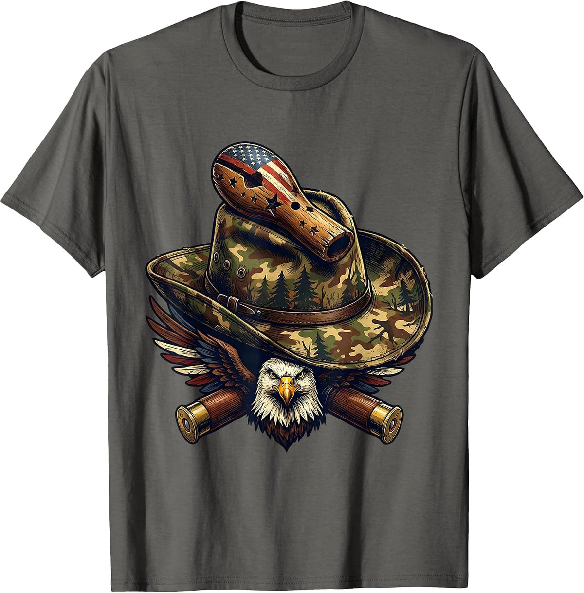 Men's Duck Call on Camo Hat Hunting Graphic T-Shirt - Asphalt Grey