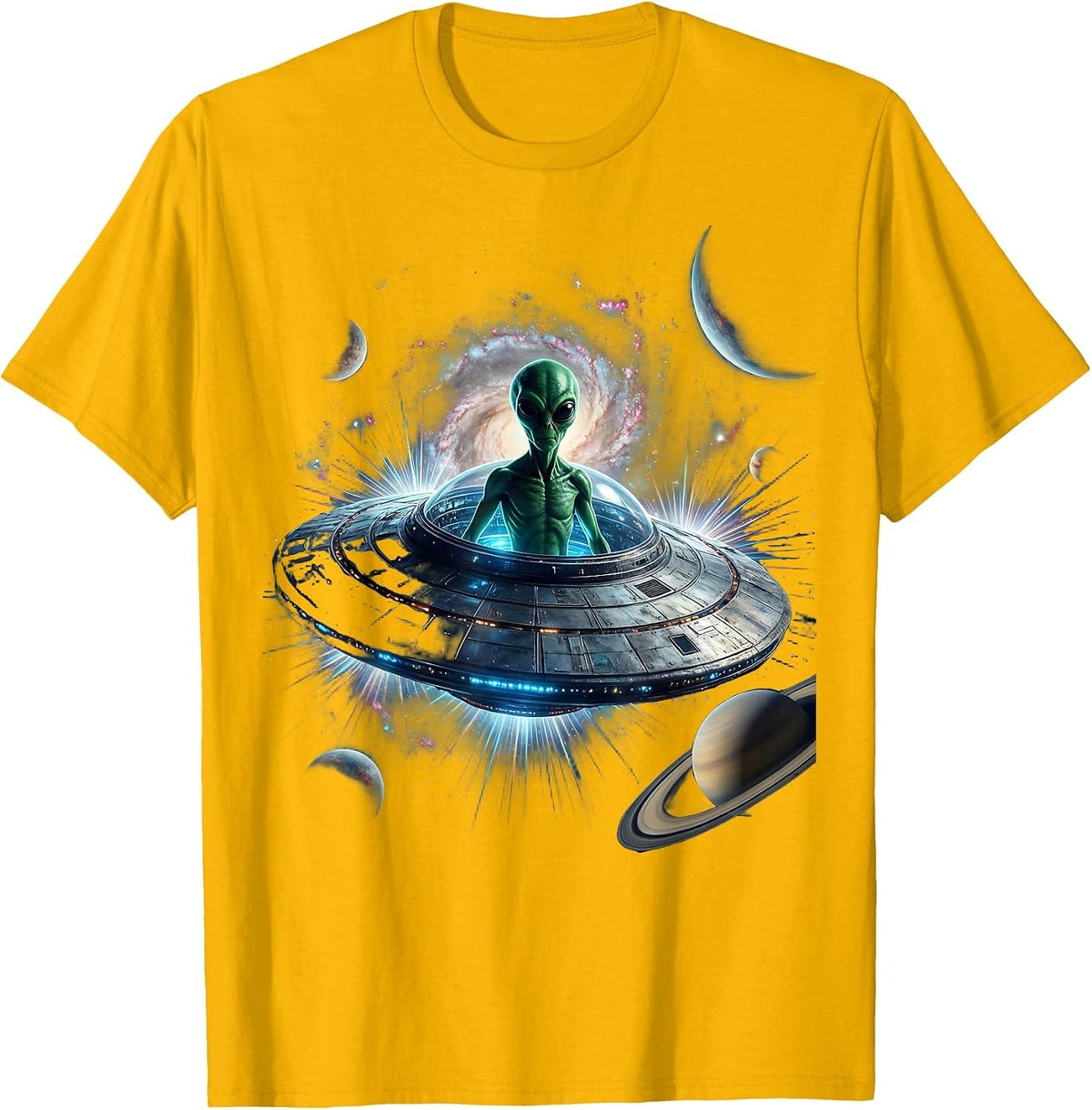 Green Alien Emerging From Flying Saucer Hatch T-Shirt - Golden Yellow