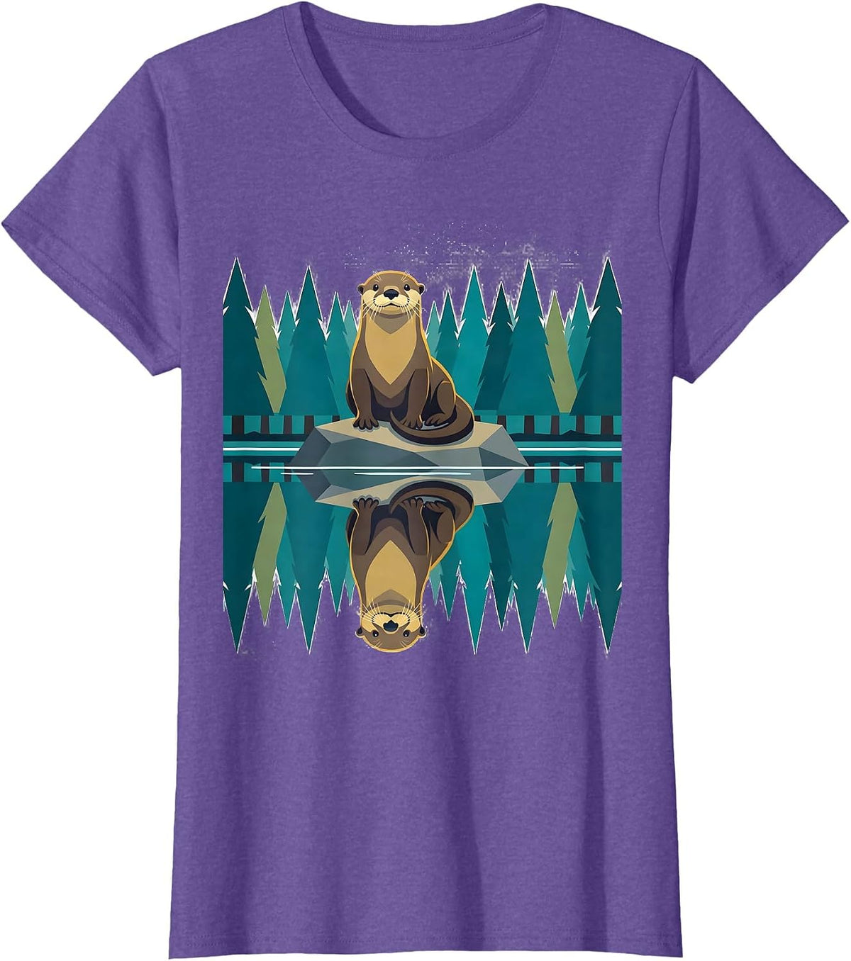 Women's Otter Lake Reflection Forest Nature Wildlife T-Shirt - Purple Heather