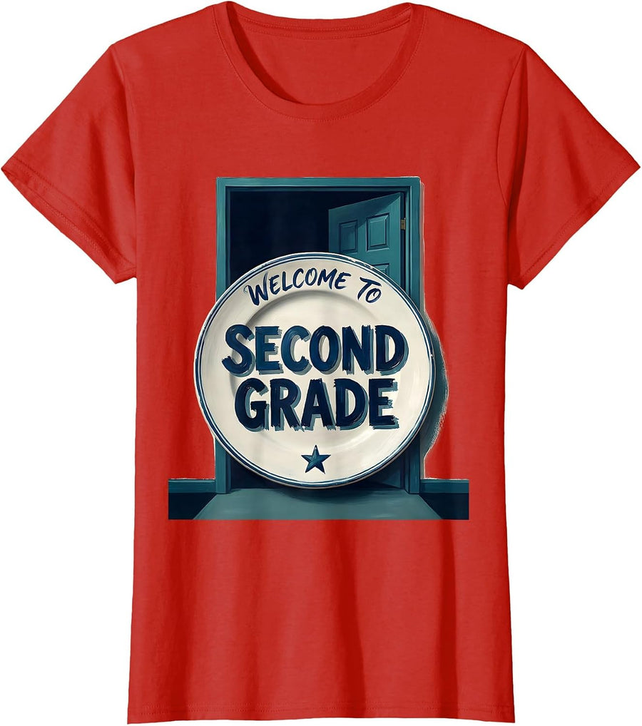 Women's Welcome to Second Grade Cheerful Back to School Pennant Flag T-Shirt - Red
