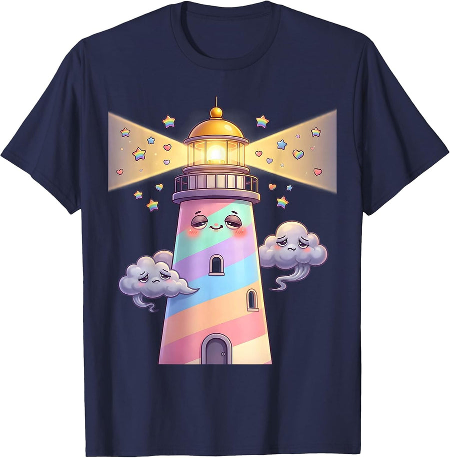 Autism Awareness Lighthouse Storm Clouds Graphic T-Shirt - Navy Blue