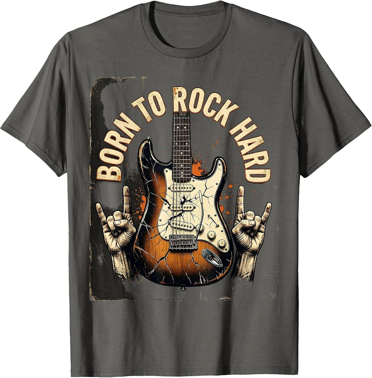Born to Rock Hard Vintage Rock Band Design T-Shirt - Asphalt Grey