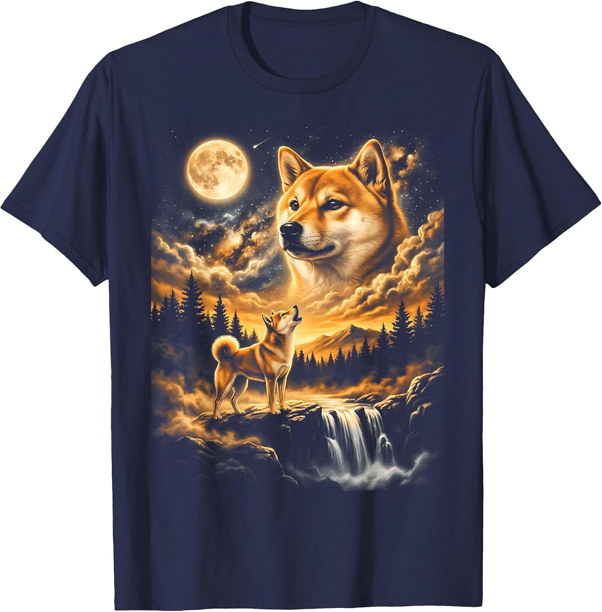 Shiba Inu Howling to The Moon T-Shirt - Navy Blue