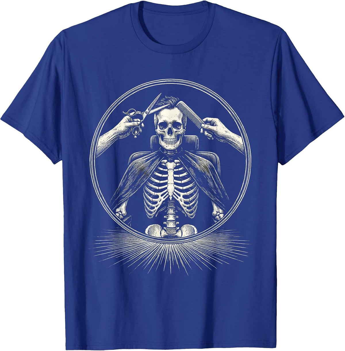 Skeleton Barber Chair Gothic Hairstylist Halloween Humor T-Shirt - Royal Blue