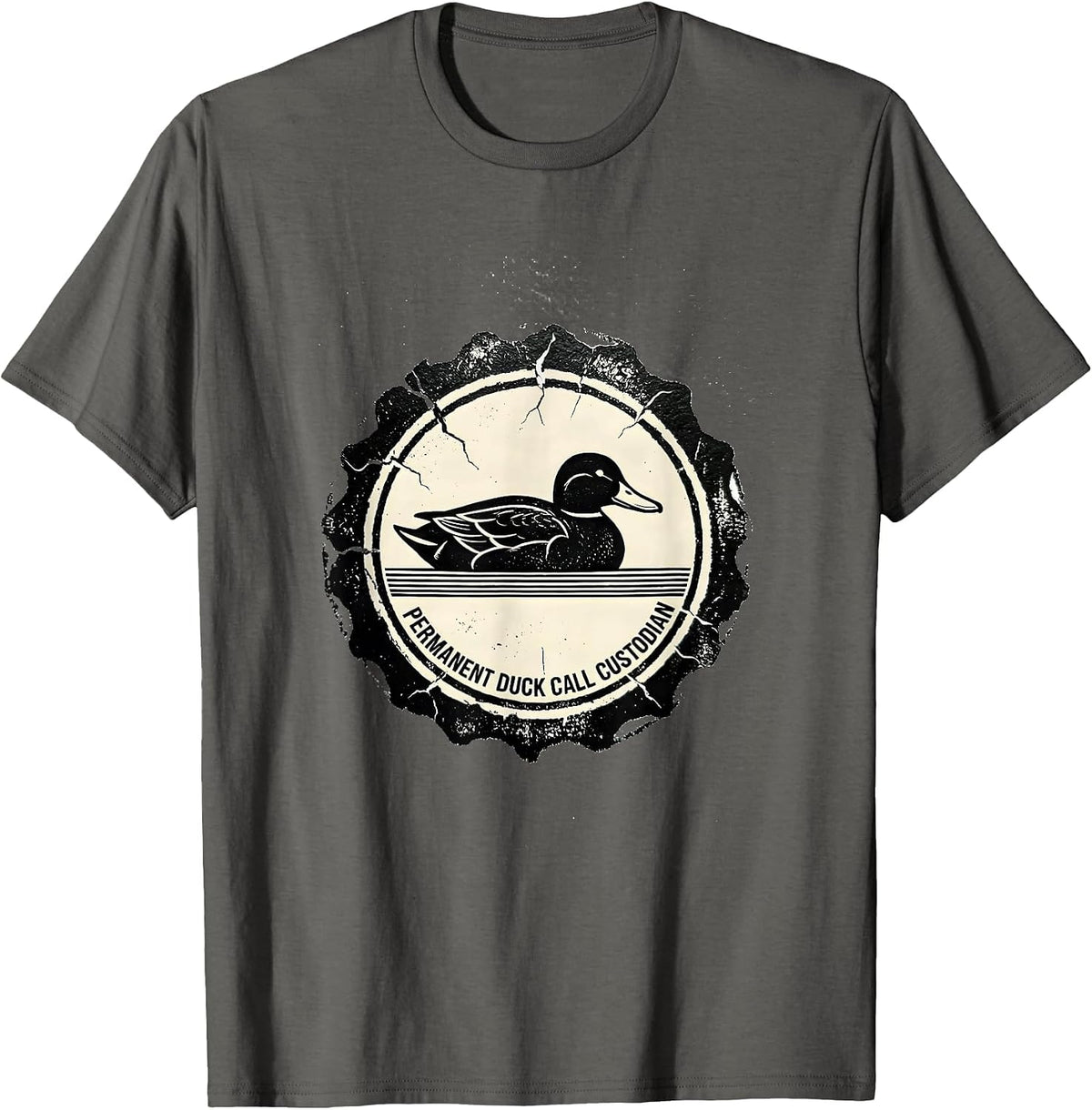 Men's Permanent Duck Call Custodian Funny Duck Hunter Rubber Stamp T-Shirt - Asphalt Grey