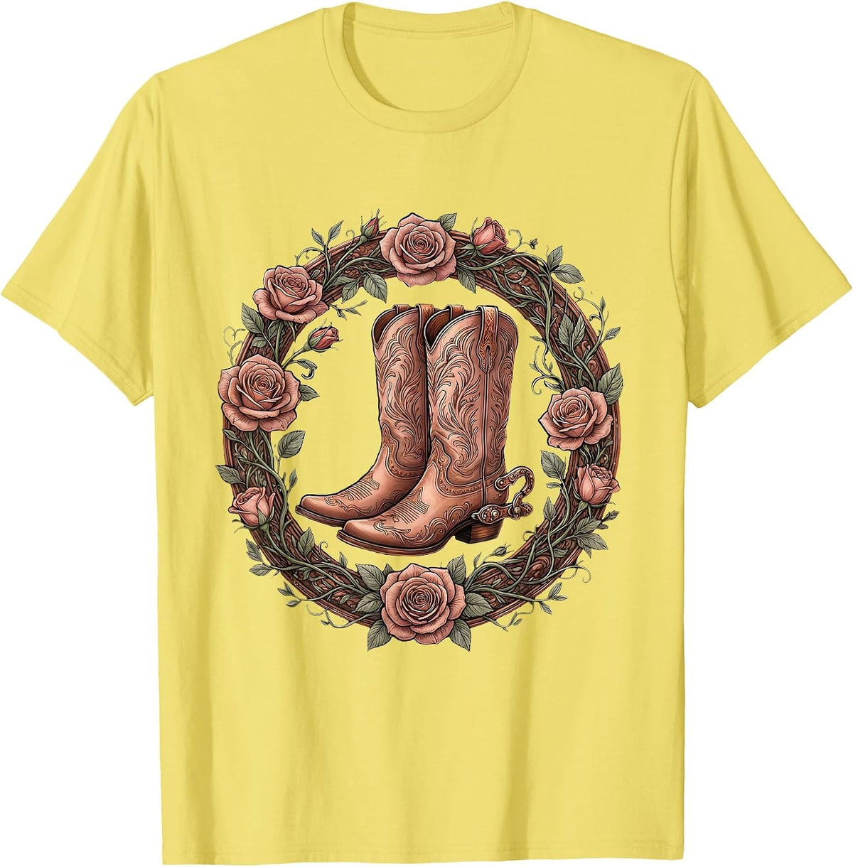Men's Cowgirl Boots Spurs and Roses Western Graphic T-Shirt - Lemon Yellow