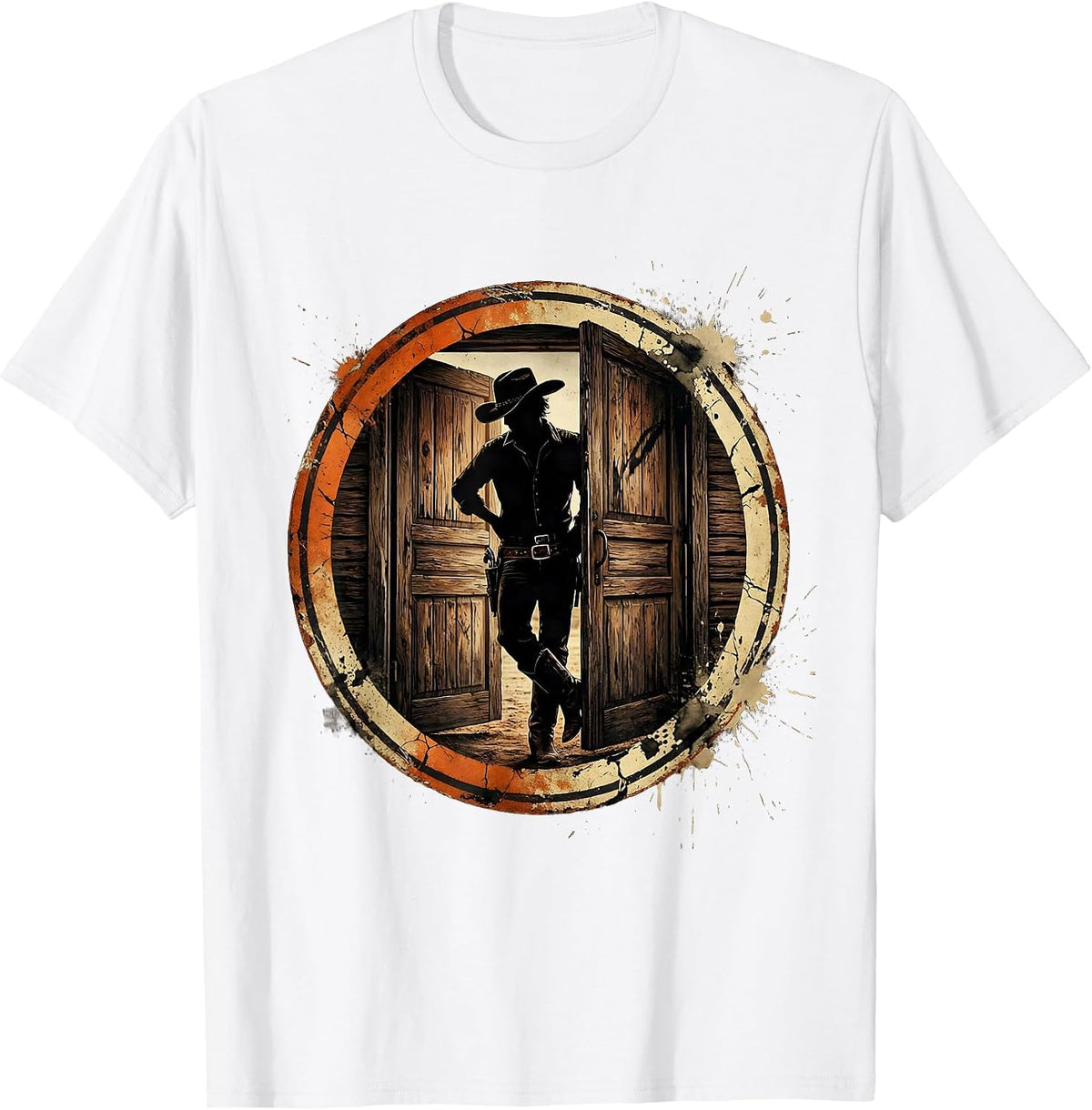 Men's Cowgirl Saloon Door Leaning Western Illustration T-Shirt - White