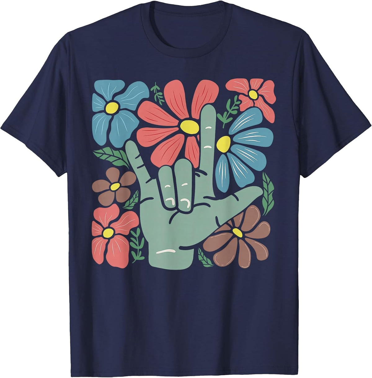 ASL I Love You Boho Floral Sign Language SLP Therapist T-Shirt - Navy Blue