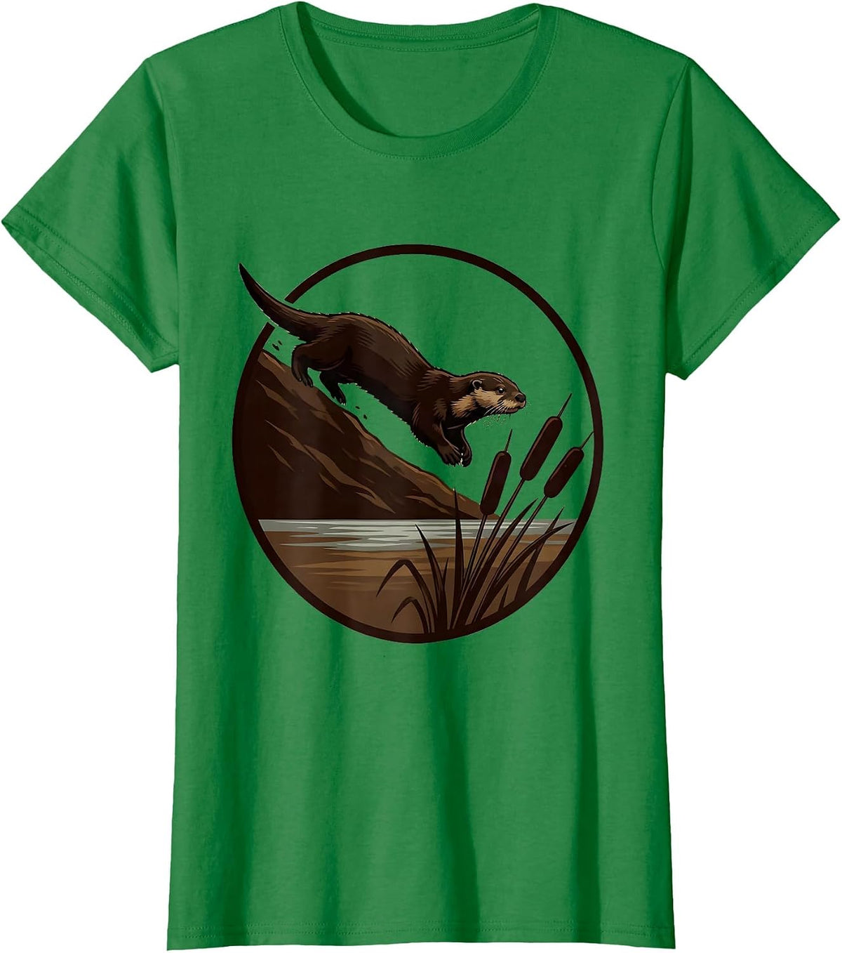 Women's River Otter Bottomland Camo Sliding Down Muddy Bank T-Shirt - Kelly Green