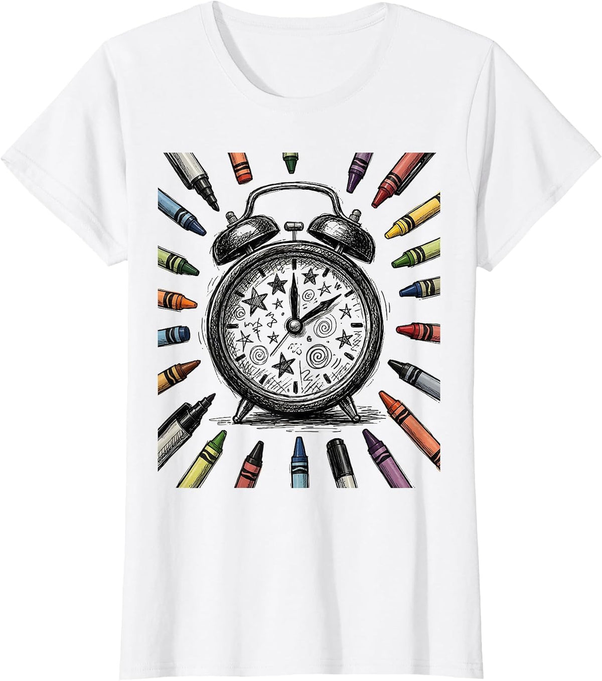 Women's Sped Teacher Alarm Clock Crayons Markers Graphic T-Shirt - White