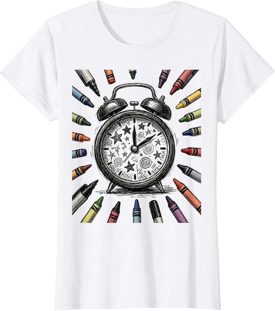 Women's Sped Teacher Alarm Clock Crayons Markers Graphic T-Shirt - White