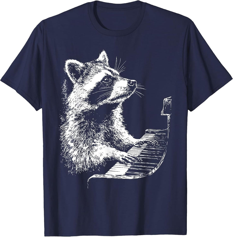 Funny Raccoon Artwork Animal Playing Piano Pianist Graphic T-Shirt - Navy Blue