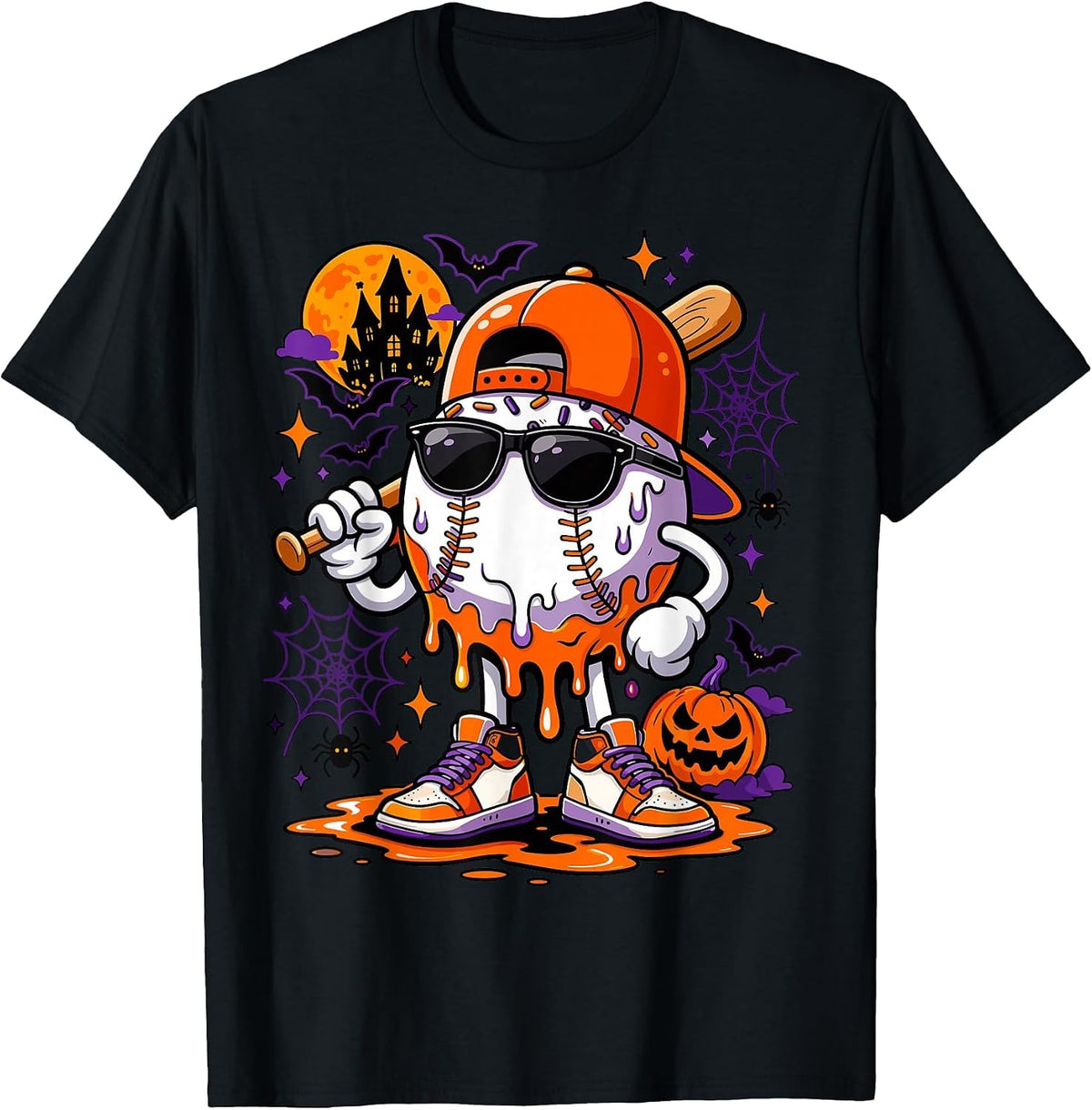 Baseball Drip for Boys Ice Cream Drip Baseball Halloween T-Shirt - Black