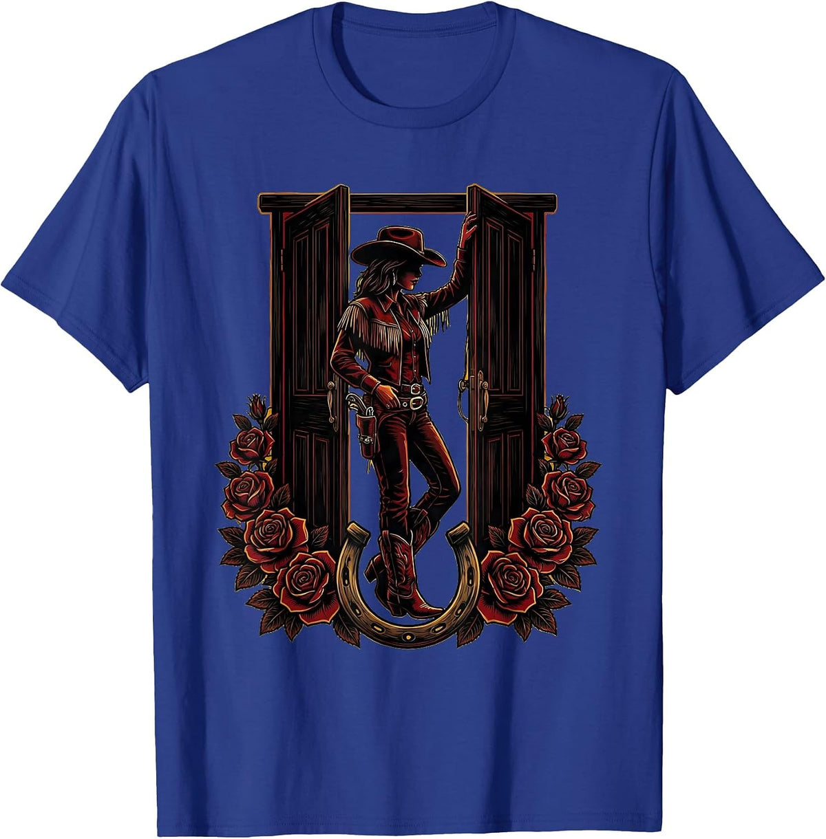Cowgirl Leaning Against Saloon Door Graphic T-Shirt - Royal Blue