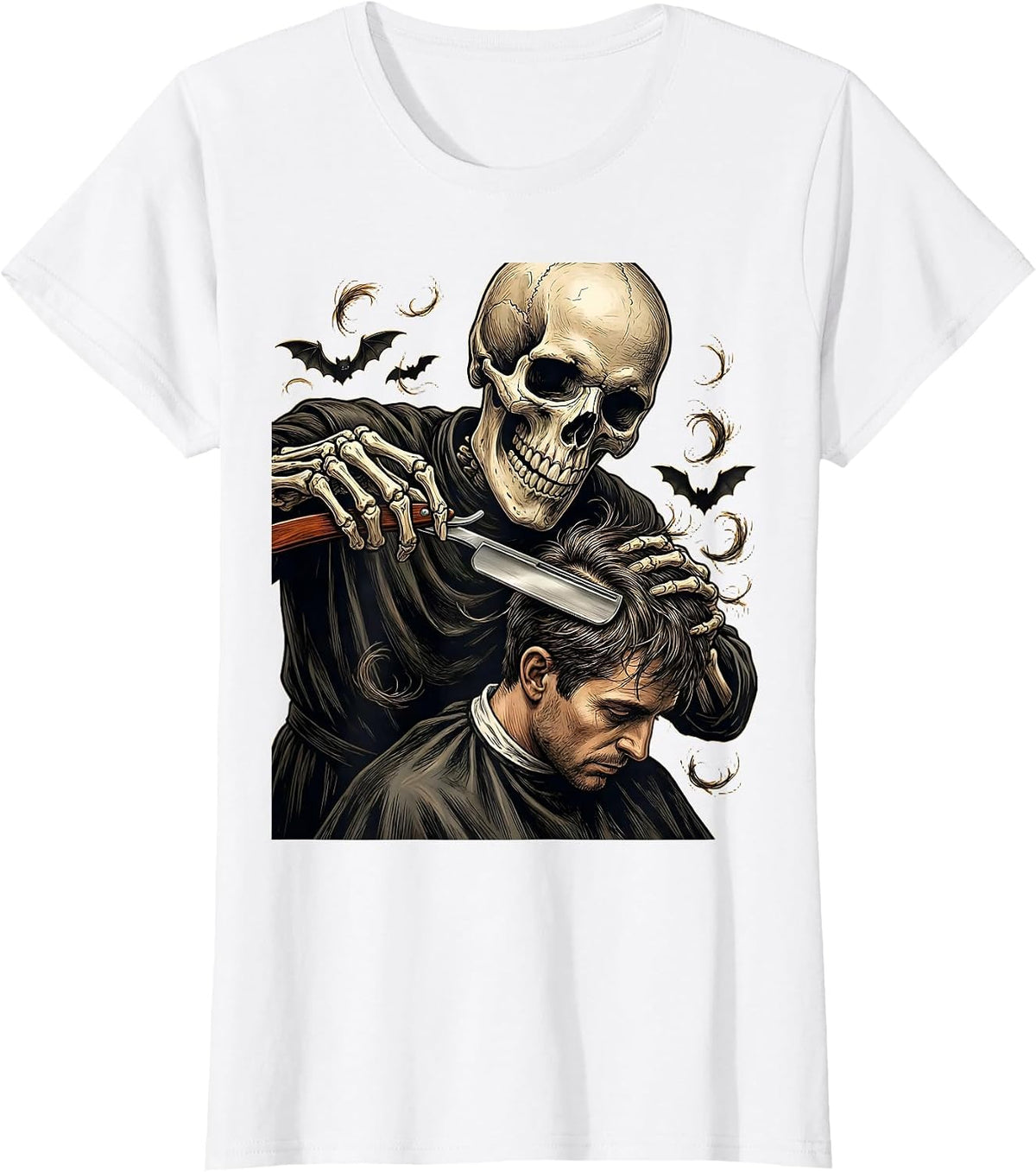 Skeleton Hairstylist Barber Halloween Humor T-Shirt - White