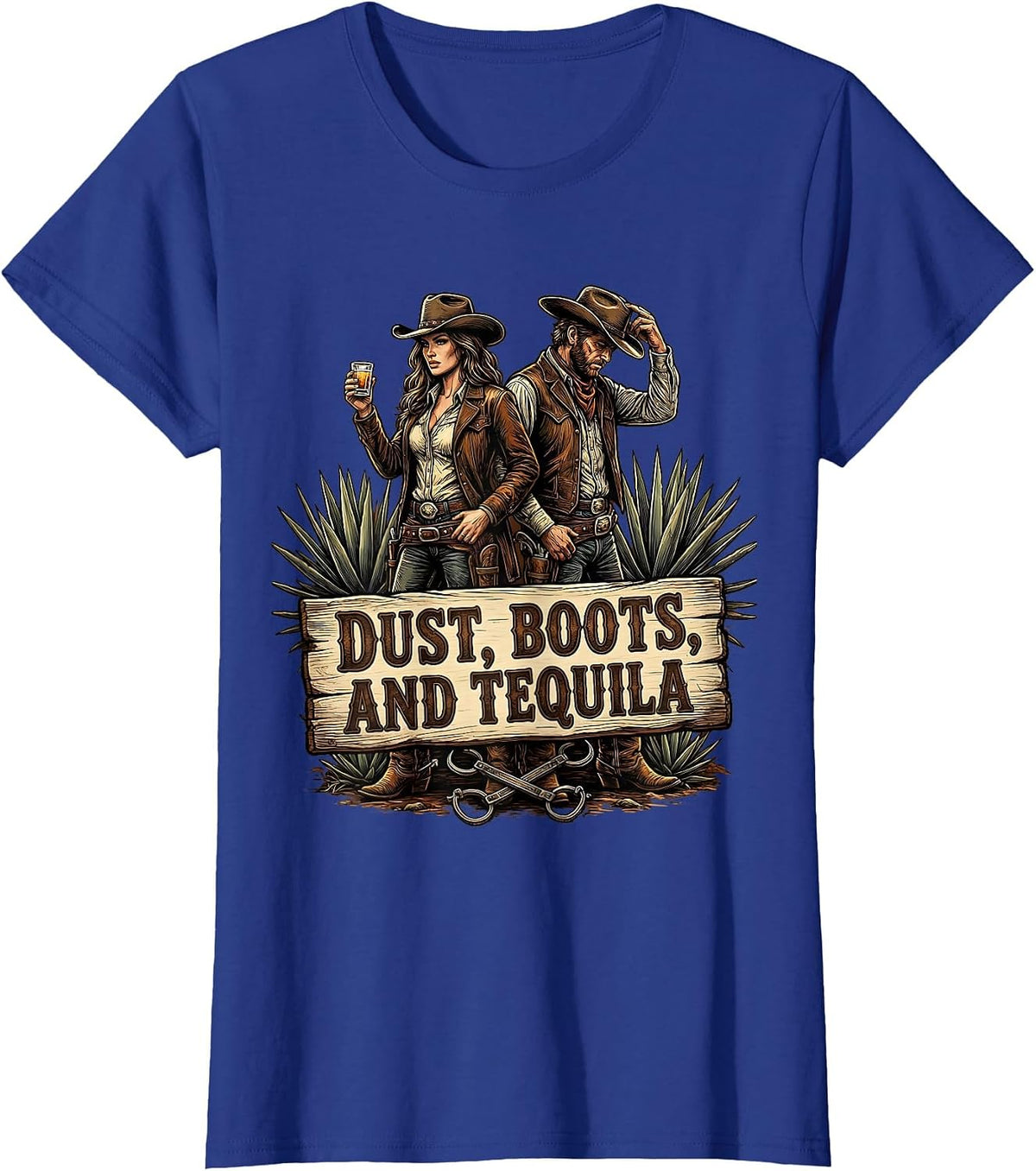 Women's Dust Boots and Tequila Cowboy Western Design T-Shirt - Royal Blue