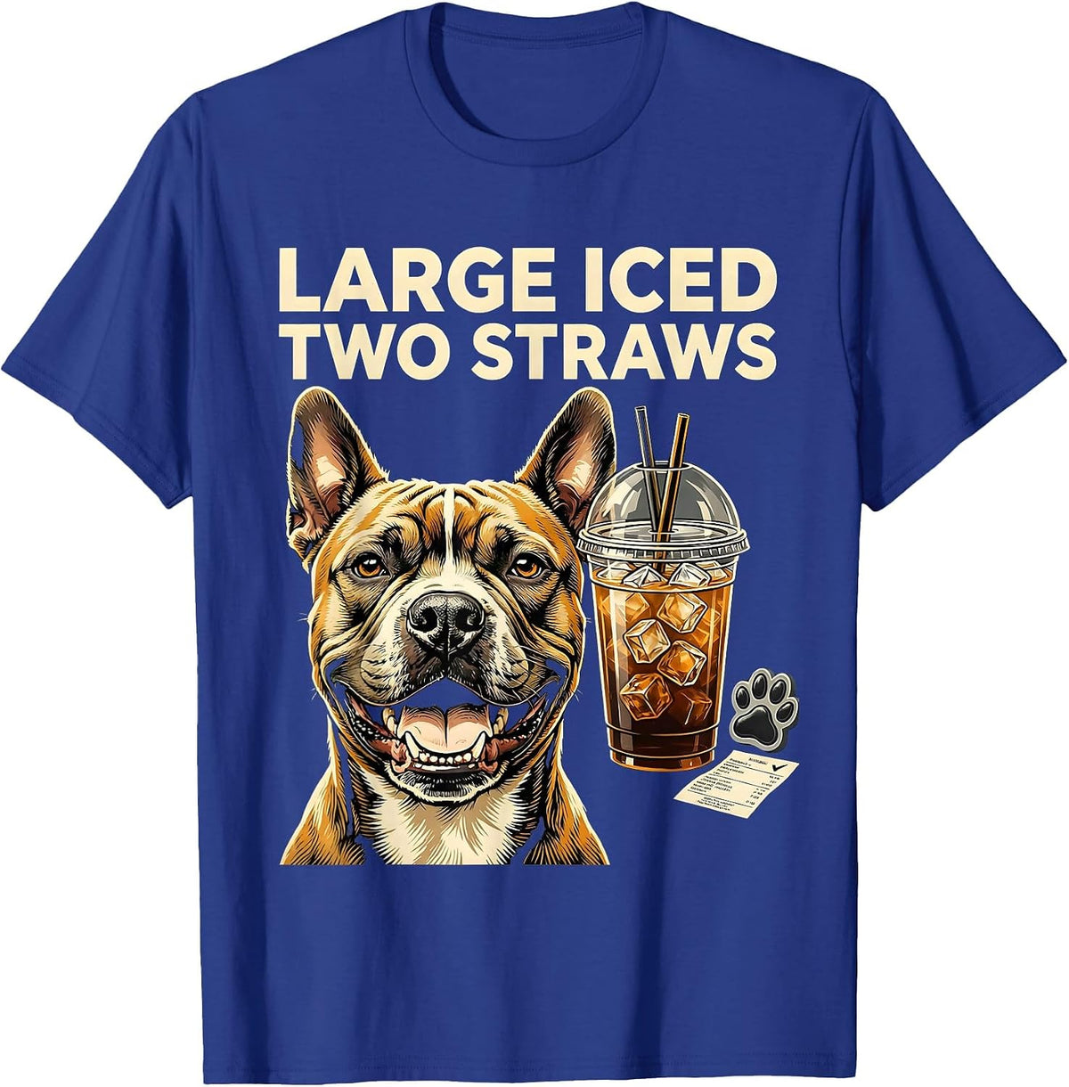 Men's Large Iced Two Straws Funny Pitbull Drinking Iced Coffee T-Shirt - Royal Blue