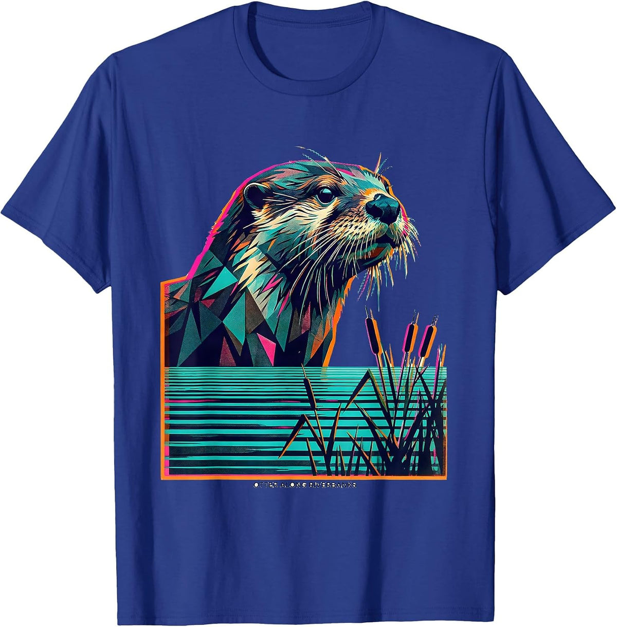Otter Along Riverbanks Risograph Vintage Wildlife Nature T-Shirt - Royal Blue