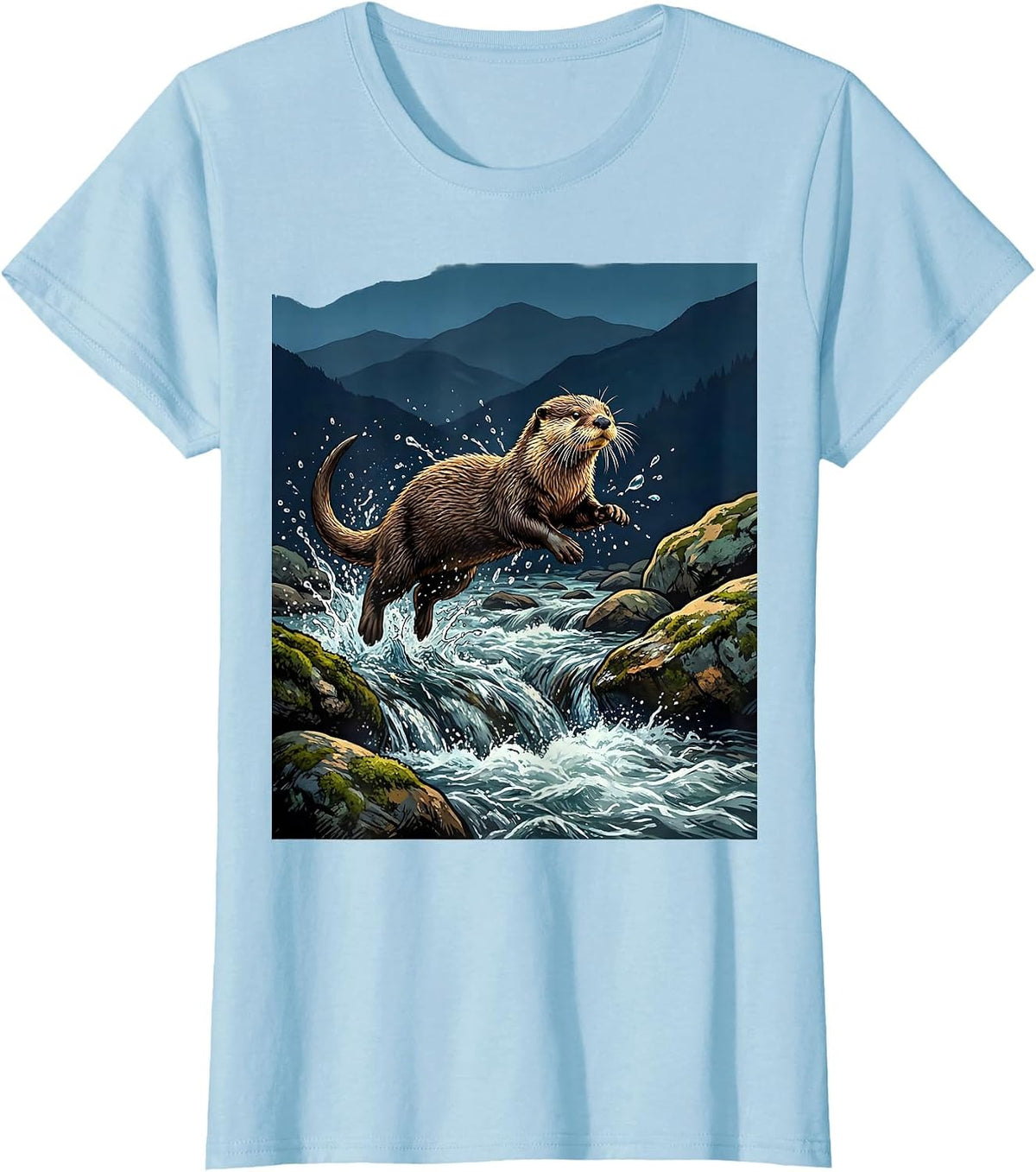 North Carolina River Otter Mountain Stream Design T-Shirt - Baby Blue