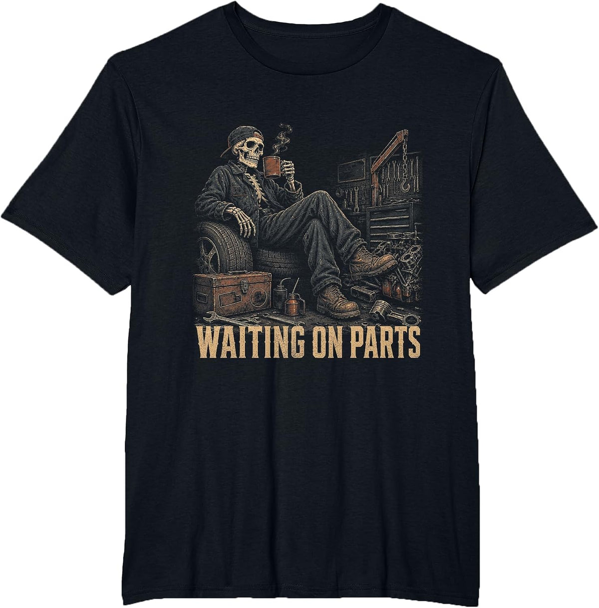 Waiting On Parts Skeleton Funny Mechanic Auto Car Guy Men T-Shirt - Black