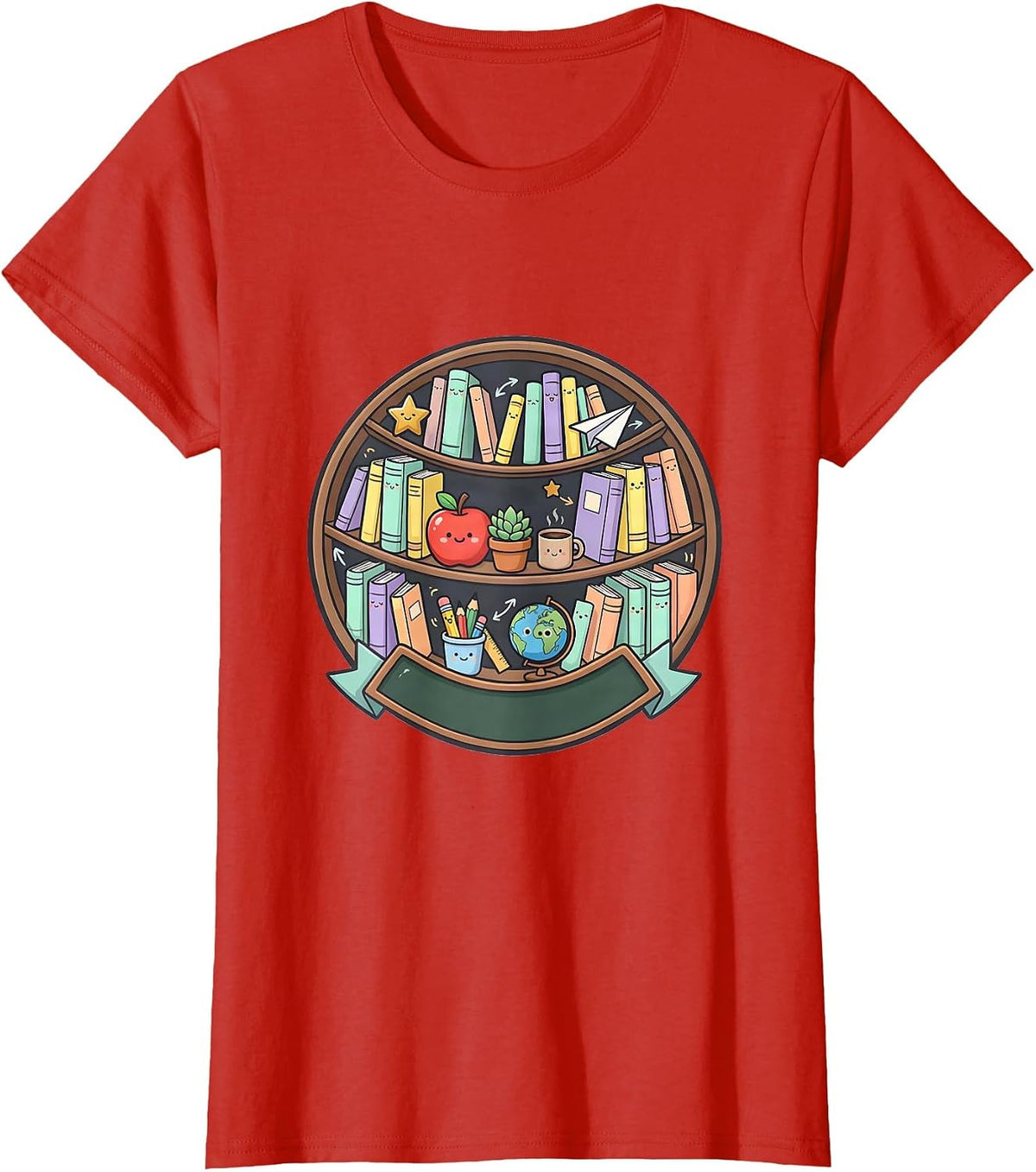 Teacher Bookshelf Floor to Ceiling Library Design T-Shirt - Red