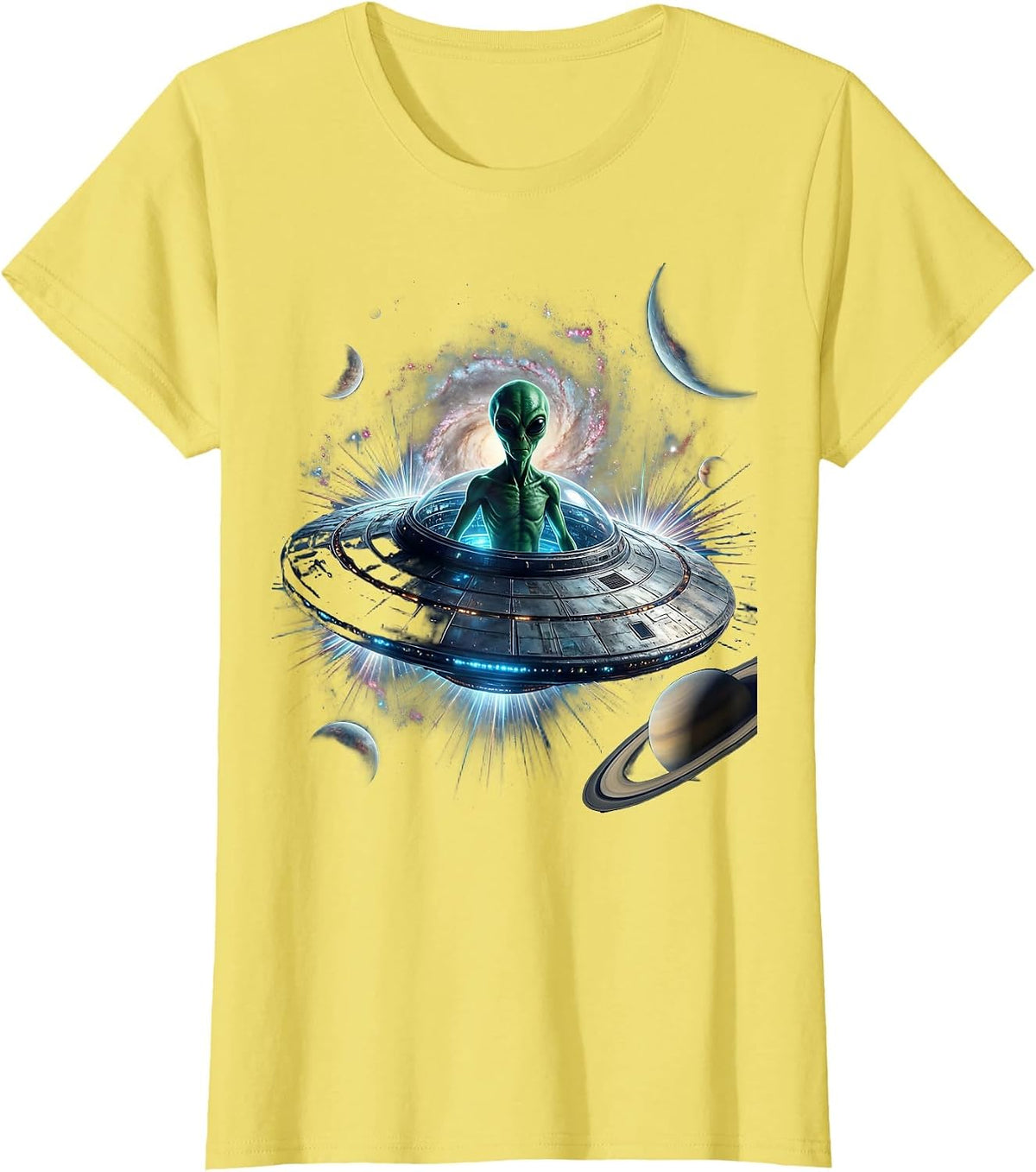 Green Alien Emerging From Flying Saucer Hatch T-Shirt - Lemon Yellow