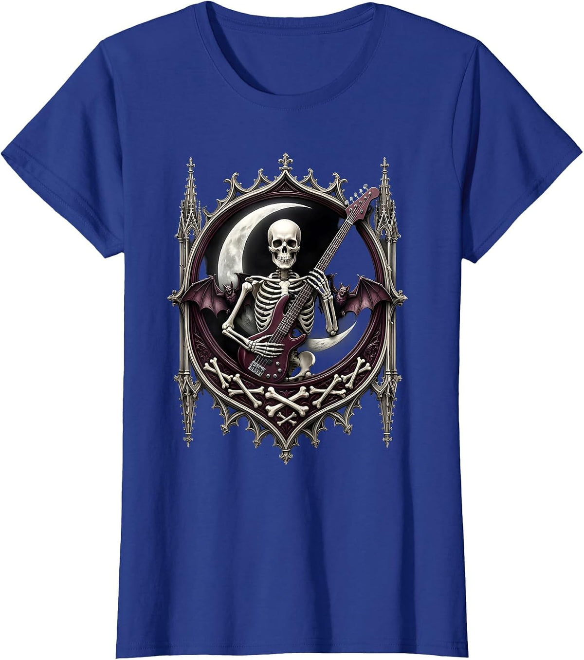 Women's Skeleton Bassist Crescent Moon 80s Rock Graphic T-Shirt - Royal Blue