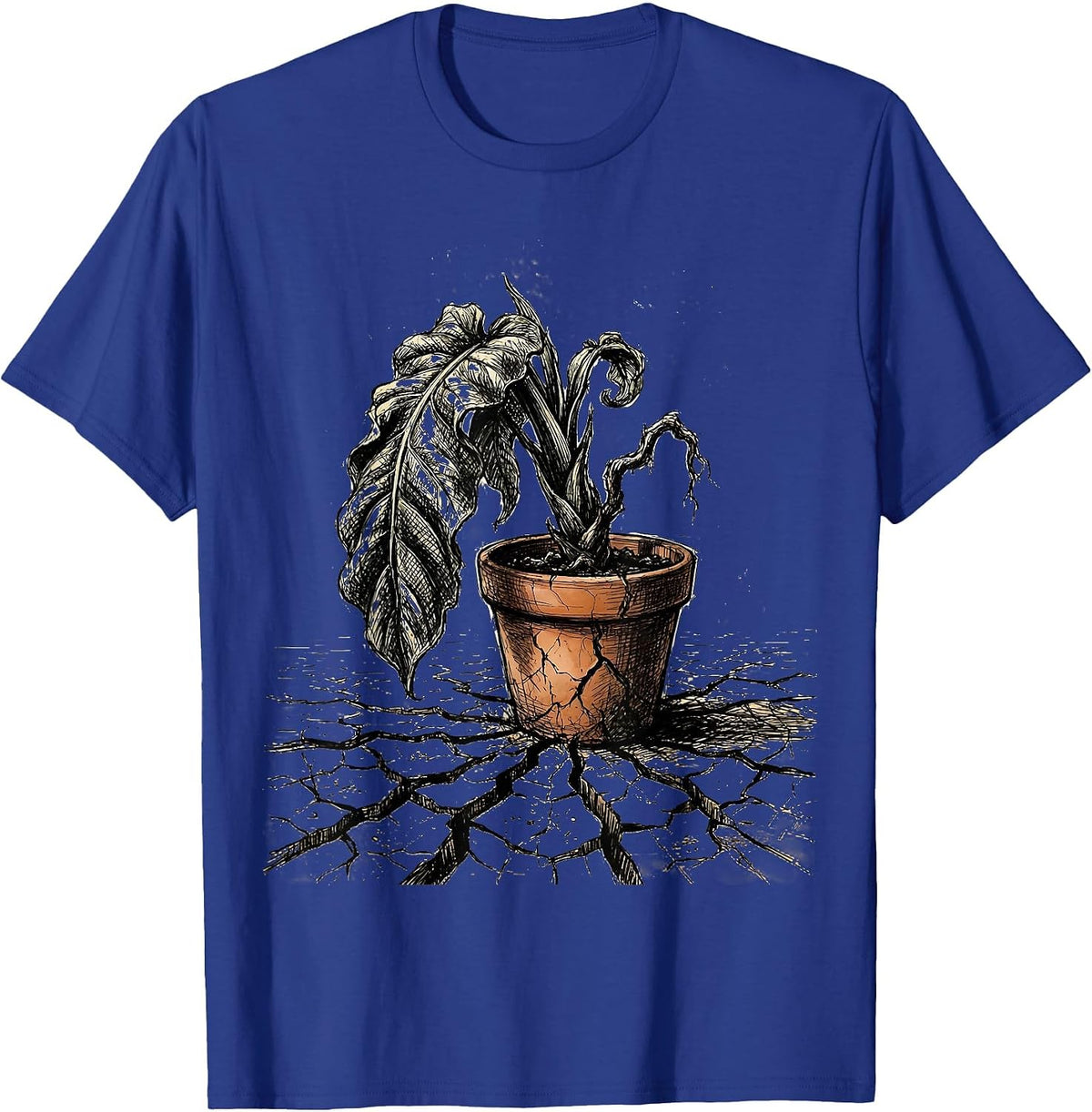 Men's Wilting Plant Dry Earth Darkly Humorous Graphic T-Shirt - Royal Blue
