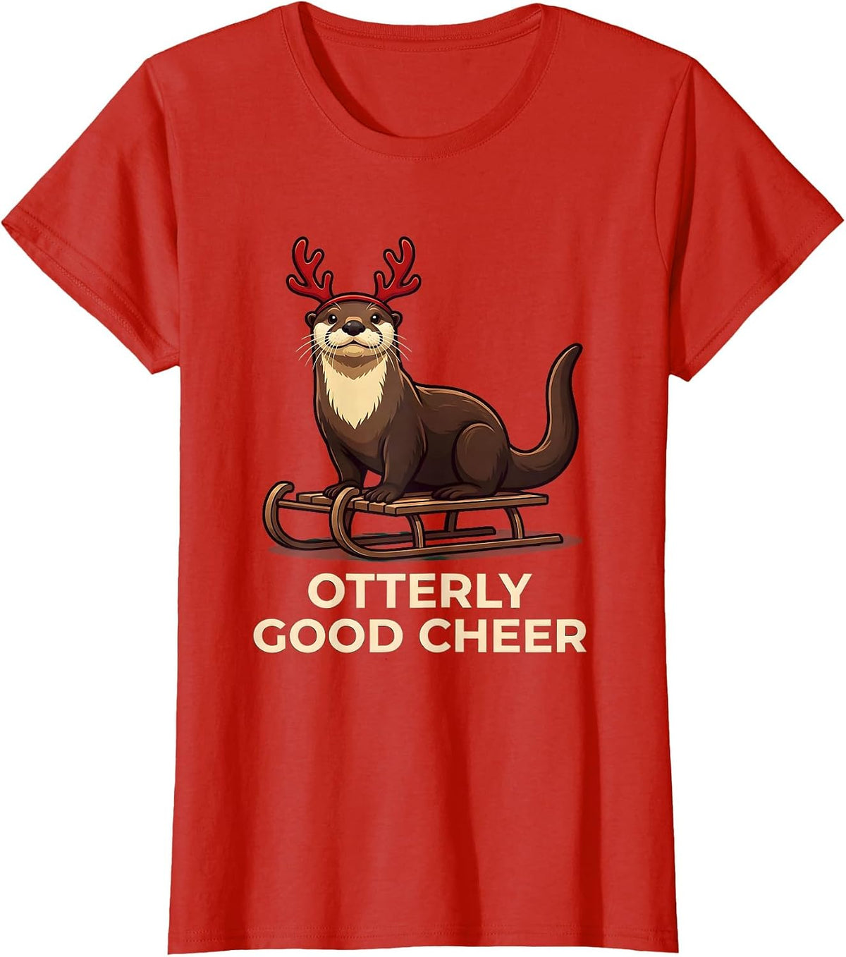 Women's Otterly Good Cheer Funny Otter Christmas Pajama Animal Lover T-Shirt - Red