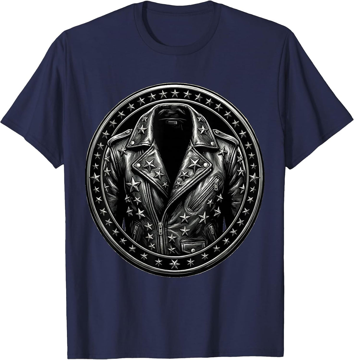 Vintage 1985 Studded Leather Jacket Graphic T-Shirt - Navy Blue