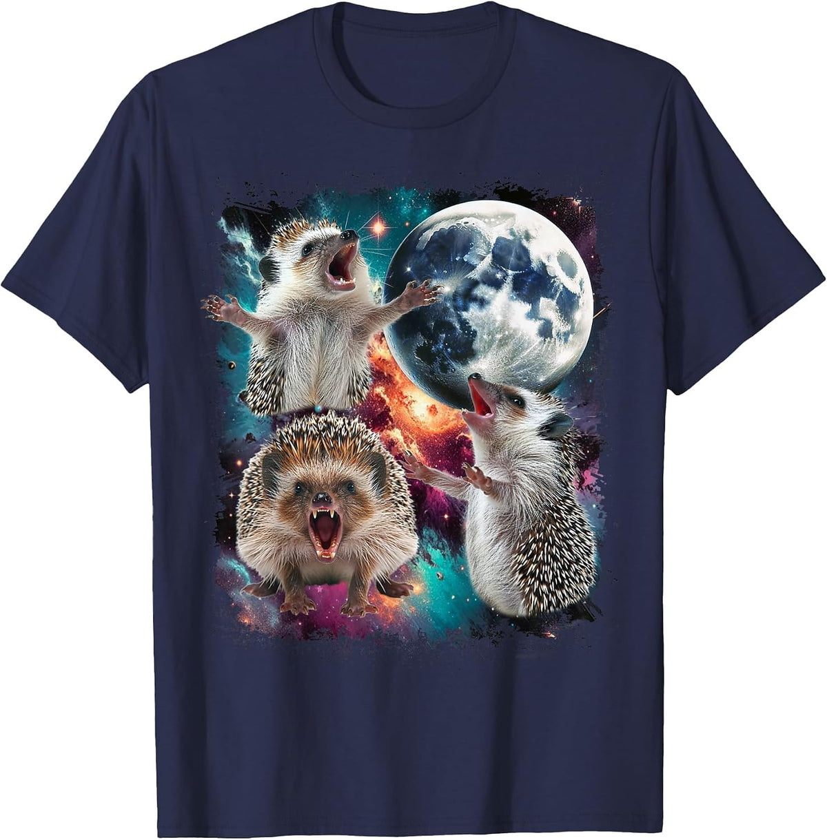 Three Hedgehog Moon | 3 Hedgehog Moon Funny Cursed Meme T-Shirt - Navy Blue